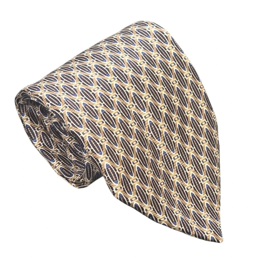 Stafford Executive Silk Tie Men's Tan Navy Blue Geometric Oval Made in Italy